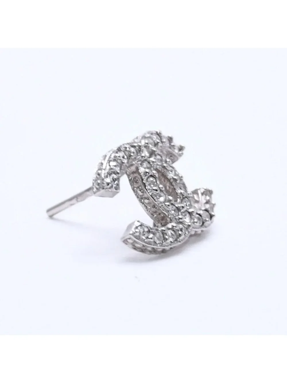 Chanel CC Logo Earrings 15 Rhinestone Metal Silver Clear